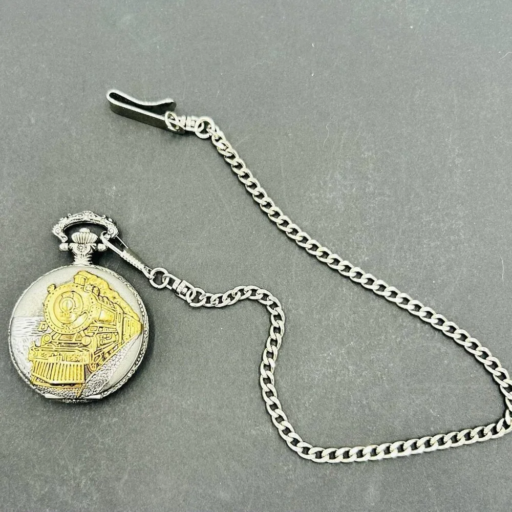Details Pocket Watch Train Locomotive Quartz Japan Movement Chain Needs Battery